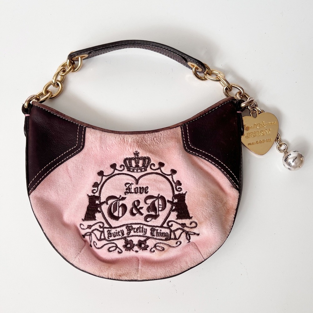 Vintage Y2K‎ Juicy Couture Hobo Bag Small Pink Velour Leather Juicy Pretty Thing